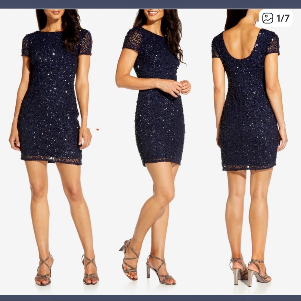 Adrianna Papell Women's Cap Sleeve Fully Beaded Cocktail Dress navy size 12 EUC